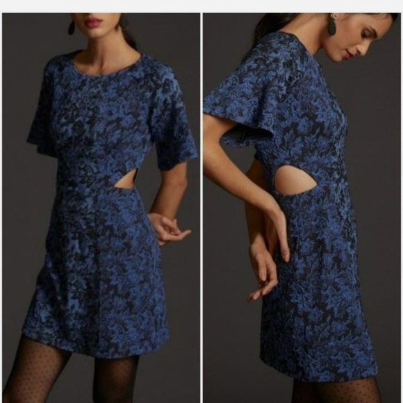Anthropologie Blue Black Jacquard Cut-out Mini Dress Womens Size 6 - Picture 1 of 5